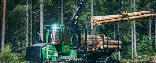 SB Skog frakter nyhogget tømmer fra skogen.